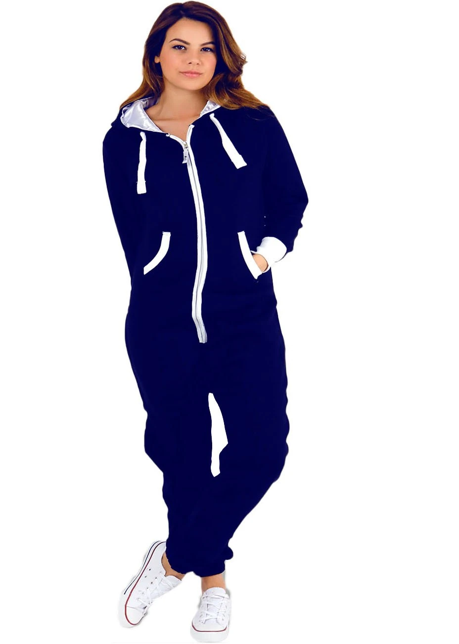 Parsa Fashions ® Womens Plain Zipper Onesie Ladies Onepiece All in One Hooded Zip Up Overall Jumpsuit Playsuit S-XL 8-16 (M, Navy)