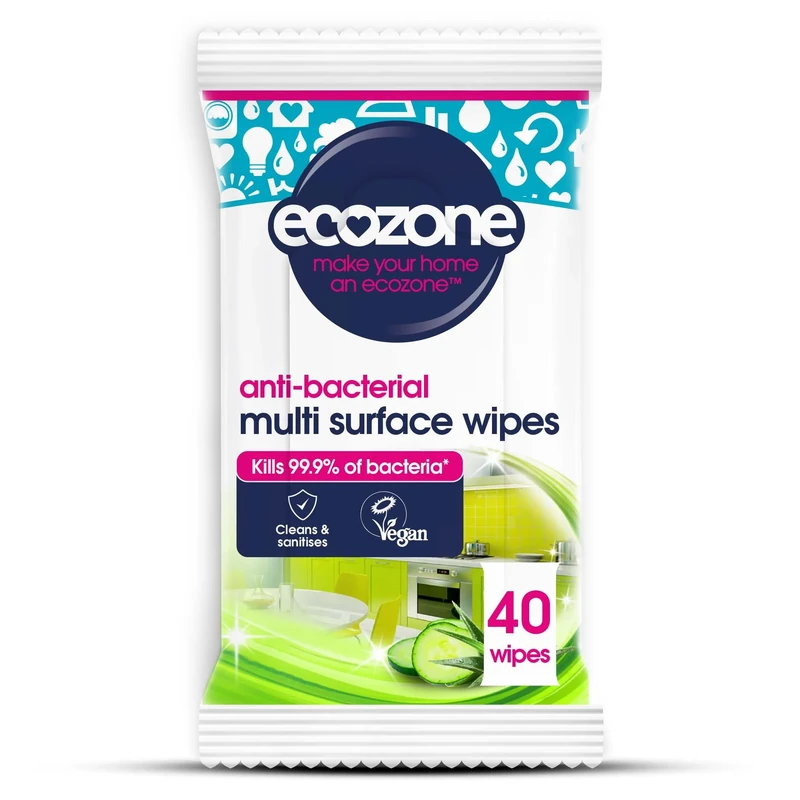 EcoZone Anti-Bacterial Multi-Surface Wipes, Biodegradable Moist Wet Anti Bac Disposable Cleaning Cloths, Sanitising Worktop Natural Vegan Friendly Non Toxic Wipes, Aloe Vera & Cucumber (40 Pack)