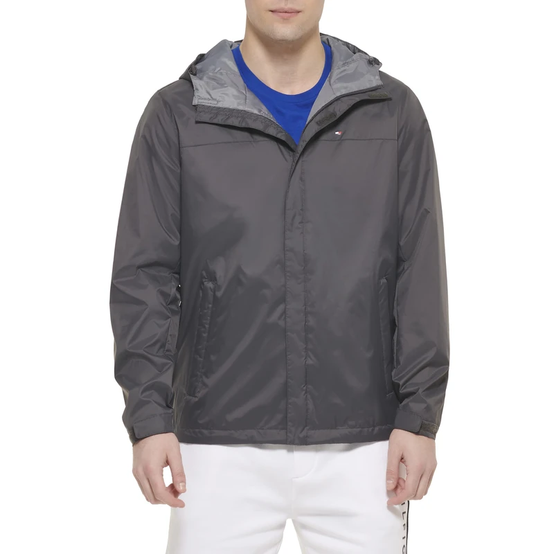 Tommy Hilfiger Men's Lightweight Breathable Waterproof Hooded Rain Jacket Raincoat, Charcoal, XL