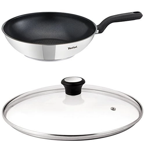 Tefal Comfort Max Stainless Steel Non-stick Wok, 28 cm - Silver & Compatible Glass Lid, 28 cm - Transparent