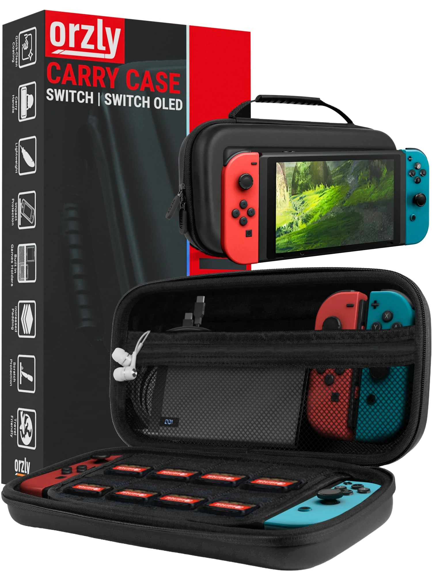 Orzly Carry Case Compatible with Nintendo Switch and New Switch OLED Console - Black Protective Hard Portable Travel Carry Case Shell Pouch with Pockets for Accessories and Games