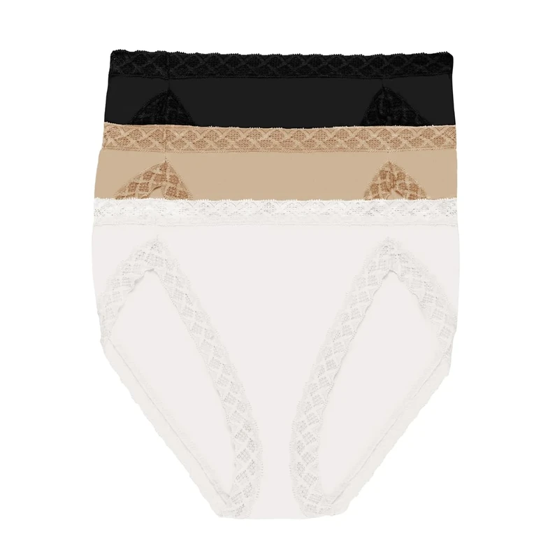 Natori Women's Bliss French Cut 3-Pack Briefs, Black/Café/White, Large (Pack of 3)