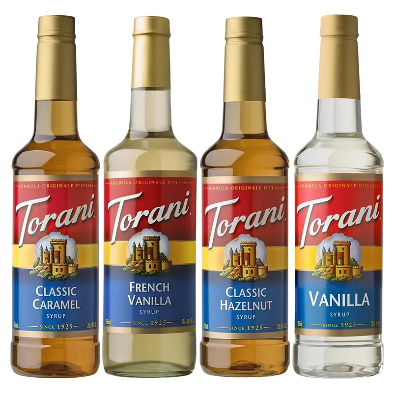 Torani Coffee Syrup Set 4 x 750ml (Vanilla, Classic Caramel, French Vanilla, Classic Hazelnut). Deliciously Flavoured Syrups for Coffee Drinks, Cocktails, Milkshakes or Cocoa - Genuine Torani Flavour