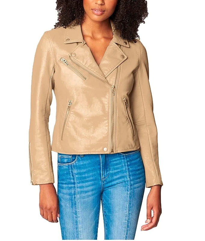 [BLANKNYC] womens Luxury Clothing Semi Fitted Vegan Leather Motorcycle Jacket, Natural Light, XS