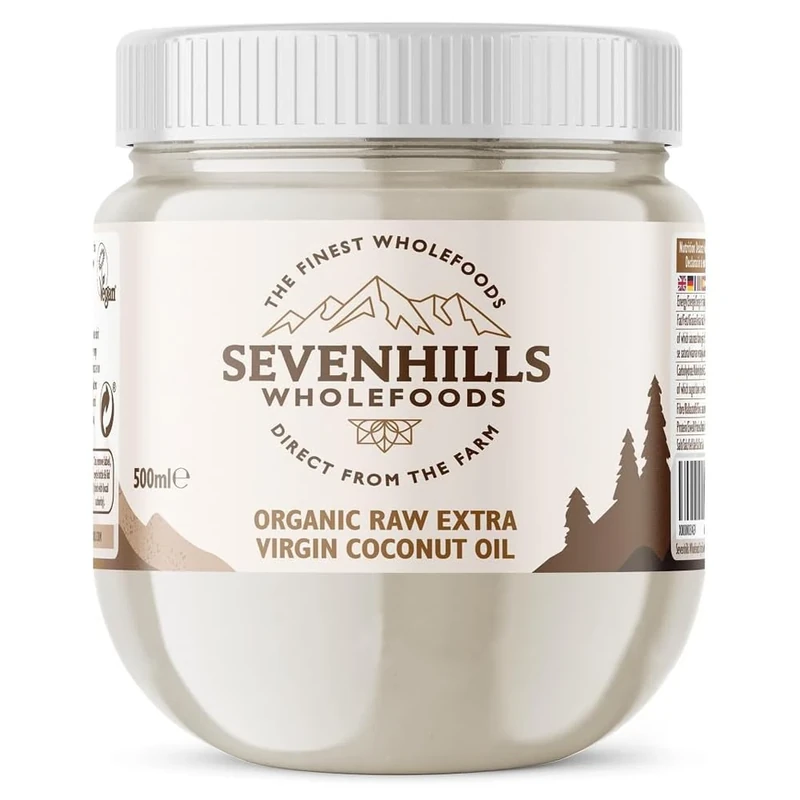 Sevenhills Wholefoods 500ml Organic Extra Virgin Raw Coconut Oil (Cold-Pressed), Recyclable Plastic Tub, Cooking, Baking, Skin Moisturiser & Hair Conditioner