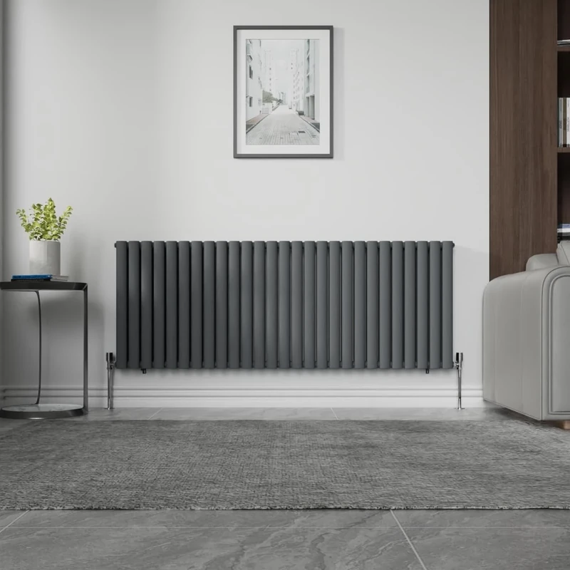 NRG Designer Horizontal Oval Column Double Panel Radiator Premium 600x1593mm Anthracite Central Heating + Free Angled Valves