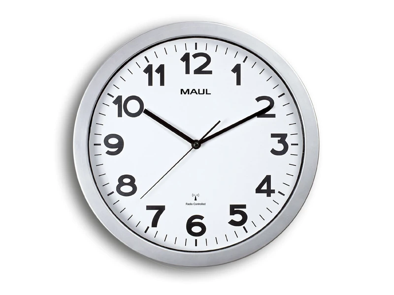 Maustep Radio-Controlled Wall Clock, Automatic Time Setting, Large Numbers, Plastic, Shatterproof, Silver, Diameter 35 cm