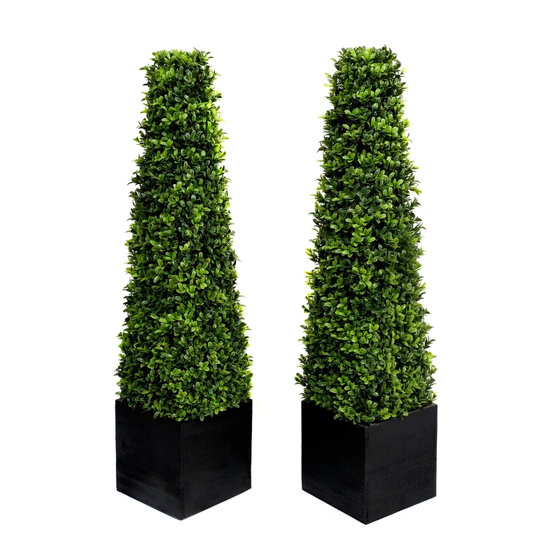 2x Artificial Boxwood Pyramid Trees in Black Square Planters | Lifelike | Maintenance-Free | Perfect for Entrances, Doorways & Outdoor Decor | (3ft/90cm)
