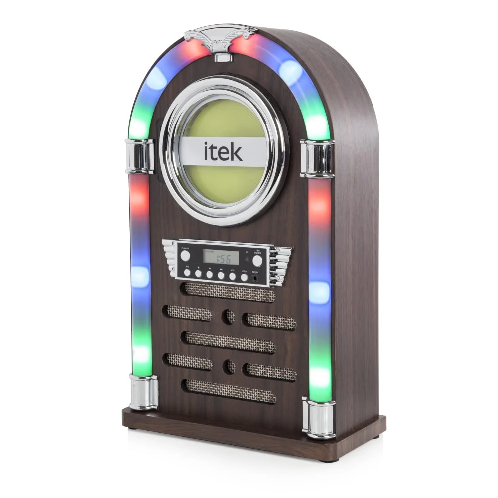 iTek I60018CD Table Top Jukebox with CD Player, FM Radio and Bluetooth Connection, Remote Control Included, Wood Finish, Brown, 25.2 cm*40.5 cm*12.1 cm