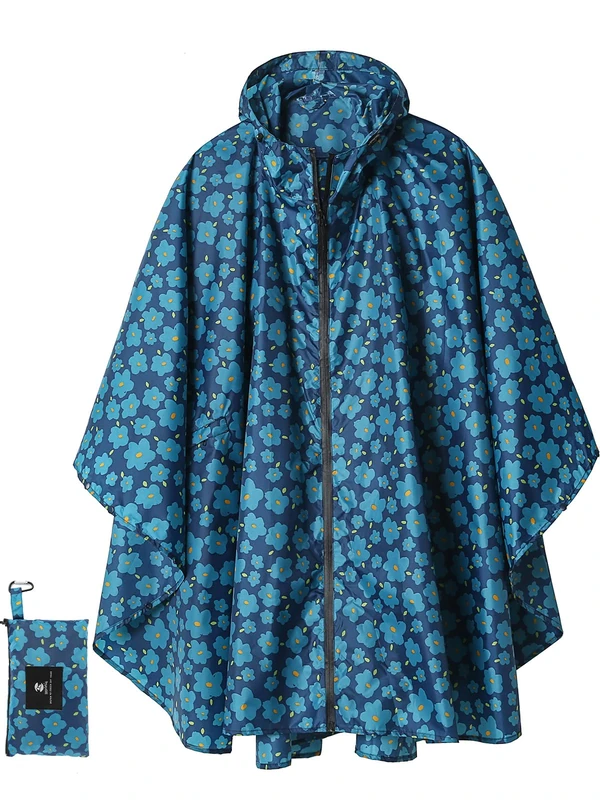 Rain Poncho Coat for Adults Outdoor Hooded Waterproof Zipper Rainwear Dark Blue Flower