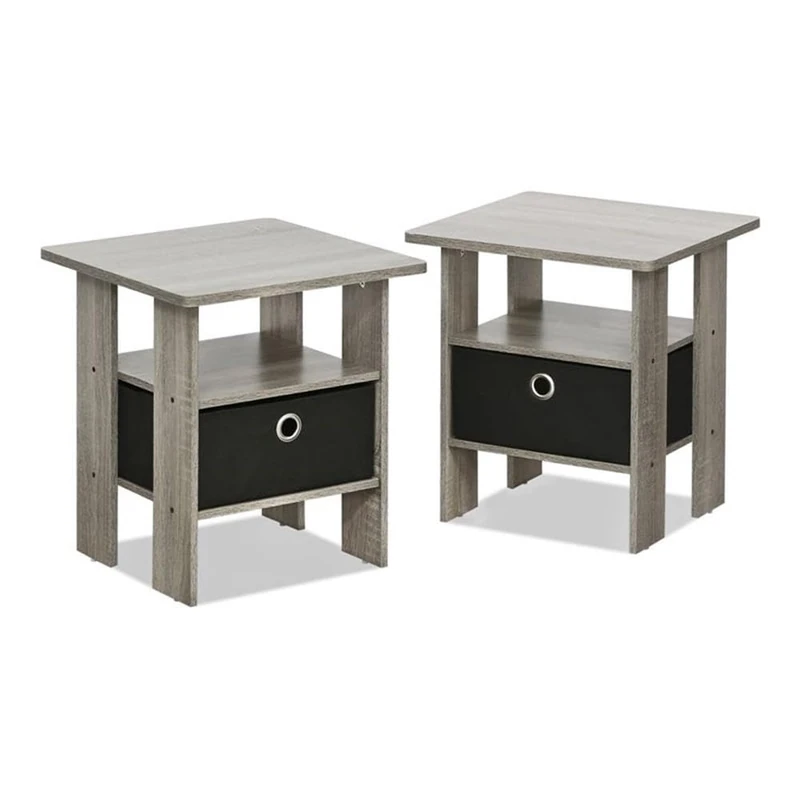 Furinno ANDREY Side Table, Set of 2 End Table, Night Stand with Open Shelves and Storage Bin, Bedside Table, for Living Room, Bedroom, French Oak