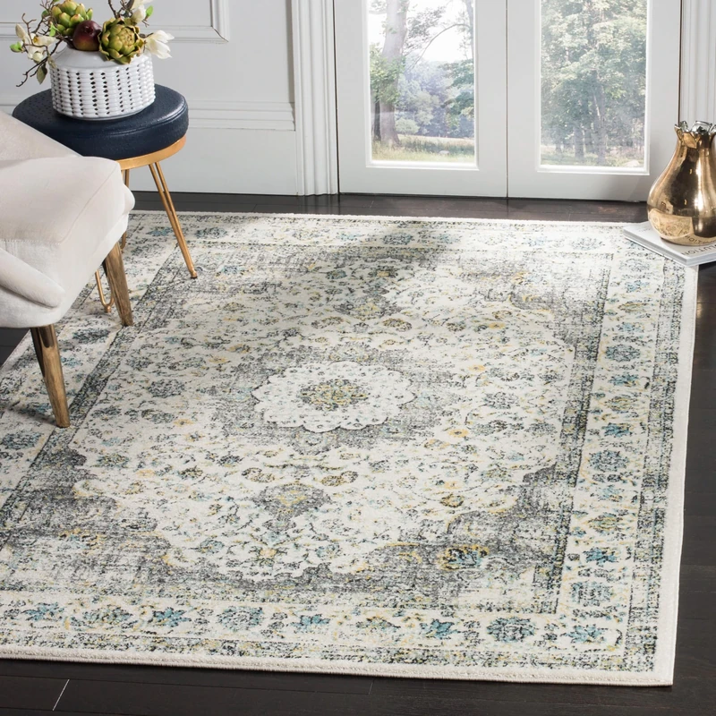 Safavieh Transitional Indoor Woven Rectangle Area Rug, Evoke Collection, EVK220, in Grey/Gold, 155 X 229 cm for Living Room, Bedroom or Any Indoor Space