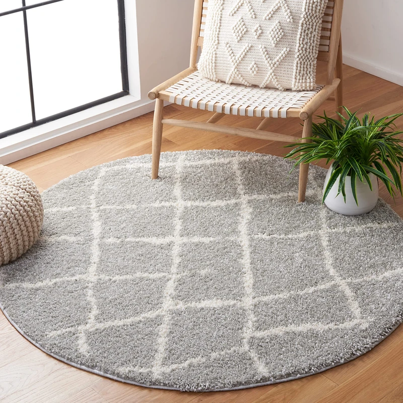 Safavieh Moroccan Shaggy Indoor Woven Round Area Rug, Berber Shag Collection, BER162, in Light Grey / Cream, 155 X 155 cm for Living Room, Bedroom or Any Indoor Space