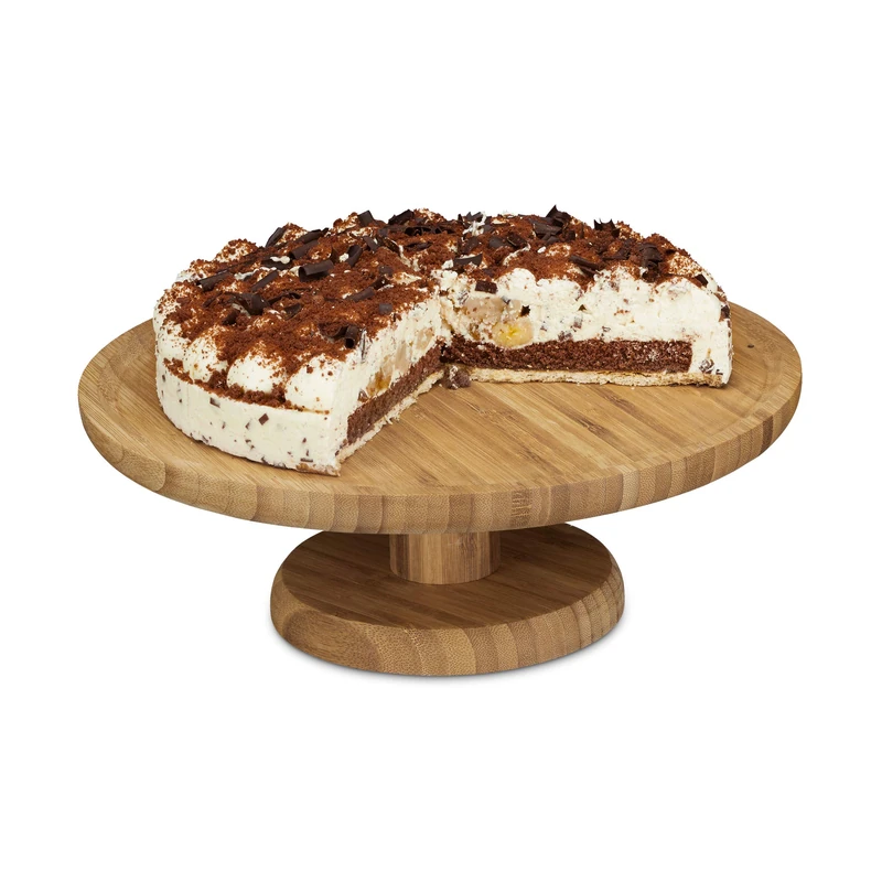 Relaxdays Round Cake Stand, 33 cm, Bamboo, with Pedestal Foot, Size: ca 11.5 x 33 cm, Natural Brown