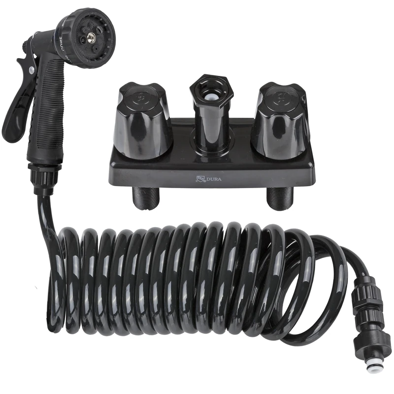 Dura Faucet (DF-SA186-BK RV Exterior Quick Connect Spray Faucet w/Coil Hose & Multi Spray Nozzle (Black)