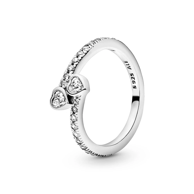 PANDORA Moments Women's Sterling Silver Two Sparkling Hearts Cubic Zirconia Ring, Size 58, No Box
