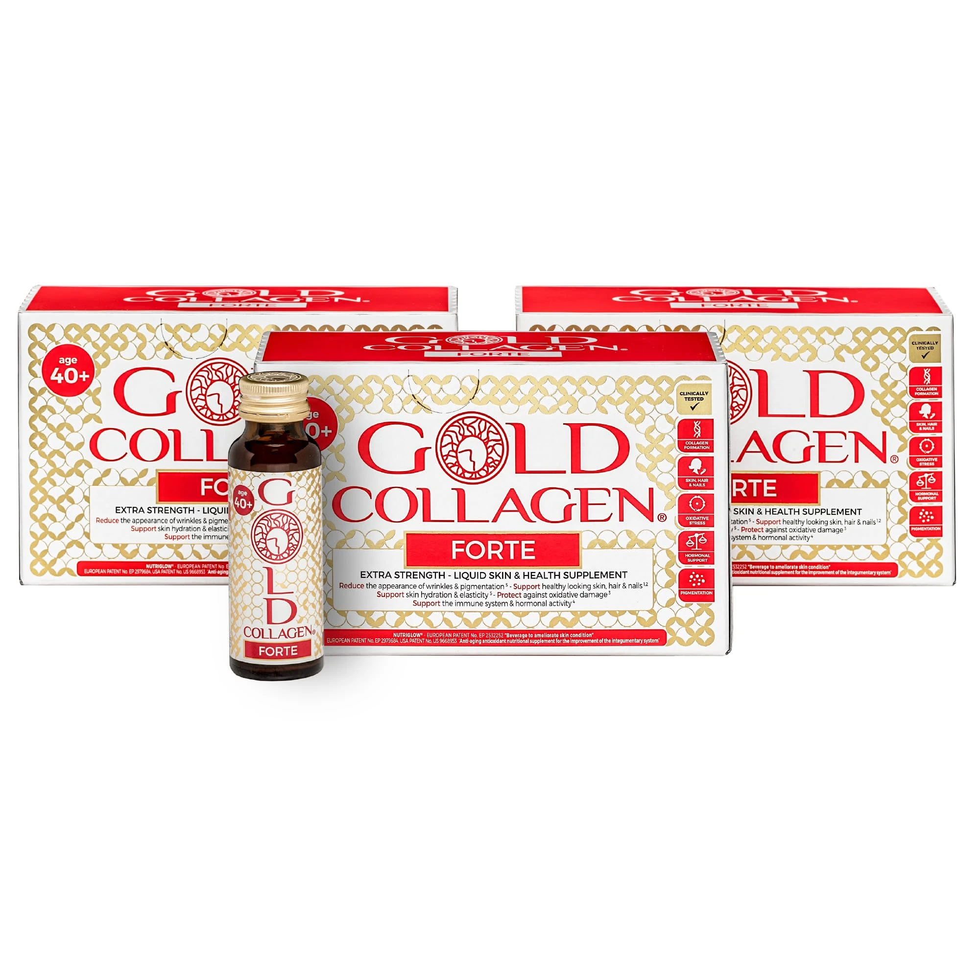 GOLD COLLAGEN Forte - Anti Wrinkle Collagen Supplements for Women & Men with Biotin, Vitamin C, Hyaluronic Acid, Marine Collagen for Hair Skin Nail - Antioxidant, Immune System Booster 3 Pack 10x50 ml