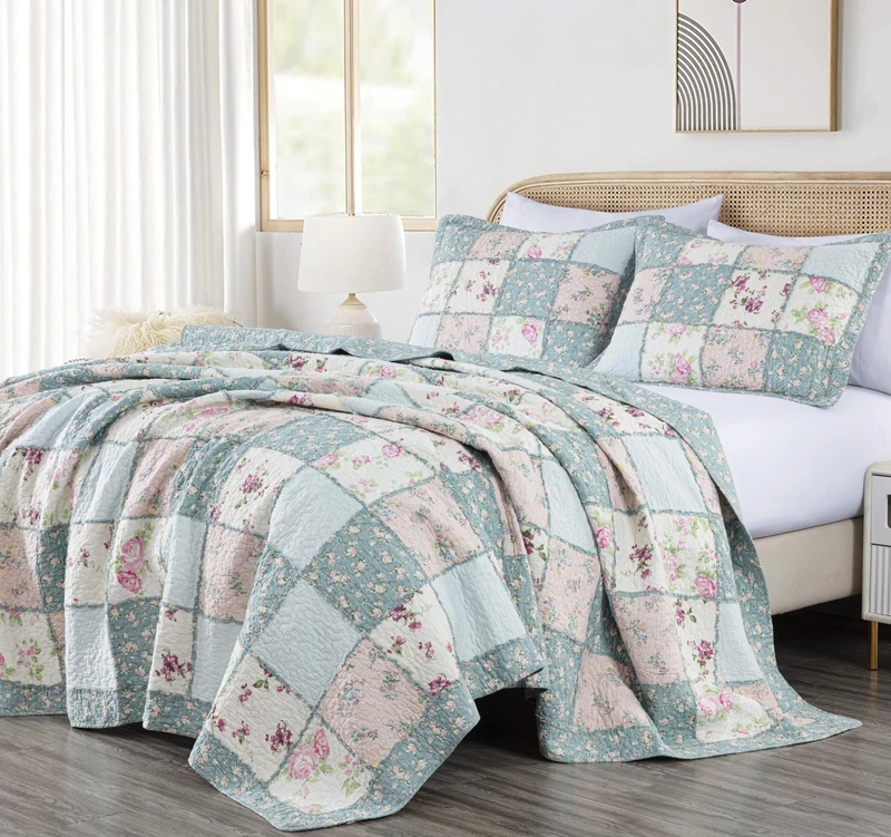 Chezmoi Collection Abbi 3-Piece Garden Floral Vintage Washed 100%-Cotton Ruffle Trim Patchwork Quilt Set (Queen)