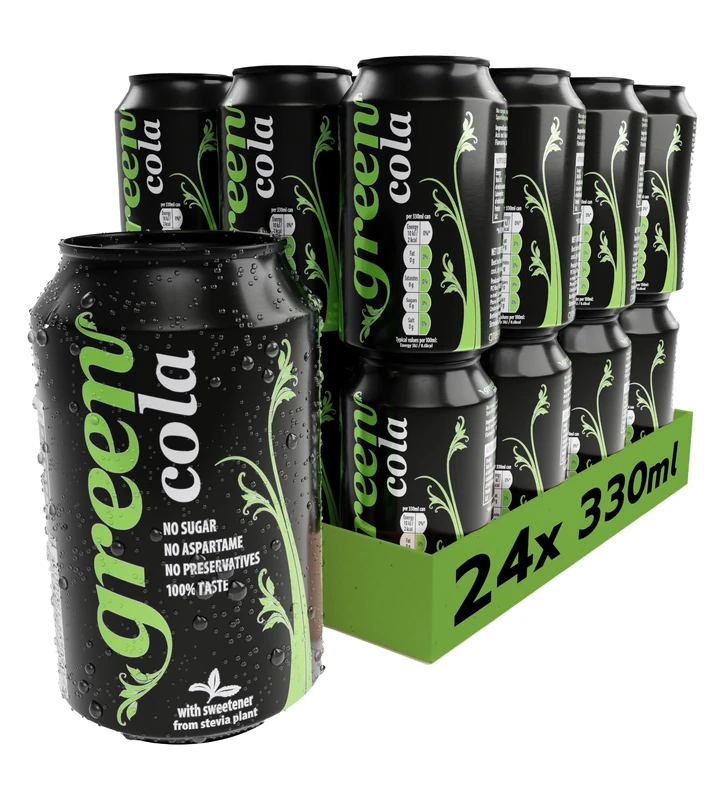Green Cola Zero Calorie Soft Drink – Sugar-Free Fizzy Drinks with Stevia & Natural Caffeine – No Aspartame, Low Calorie Cans of Pop 24 Pack (330ml x 24)
