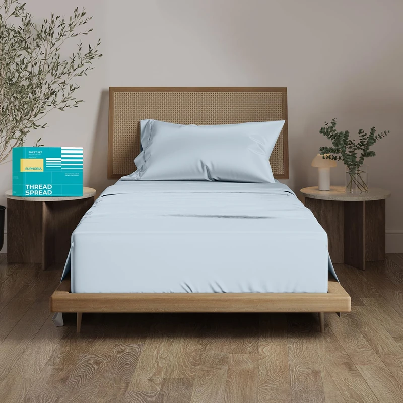 THREAD SPREAD 100% Egyptian Cotton Sheets Twin XL Size Bed Set - 3 PC 800 Series Euphoria Collection Egyptian Cotton Twin XL Sheet Set (Light Blue) Soft, Cooling, 16" Deep Pocket Hotel Bedsheet