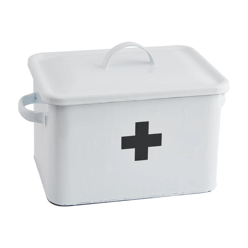 Creative Co-op Enameled First Aid with Lid & Black Cross on Front Box, Enameled, White, Black Cross