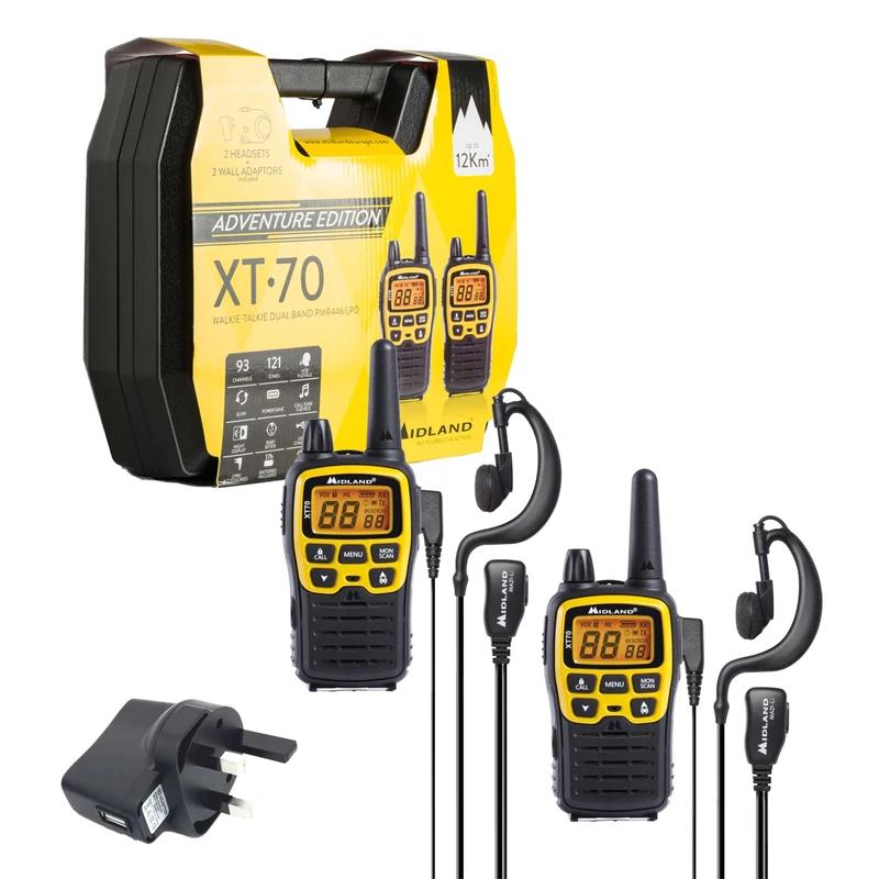 Midland - 2 Walkie Talkies XT70 Adventure, Professional Walkie Talkie, 93 Channels - 24 PMR446/69 LPD, 12Km Range Dual Band 2 Way Radio, 18H Battery Life, Fast Charging, Rechargeable Batteries, Yellow