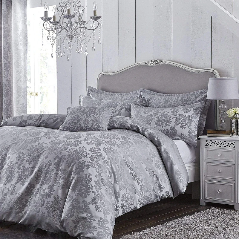 Catherine Lansfield Damask Jacquard Double Duvet Cover Set with Pillowcases Silver Grey