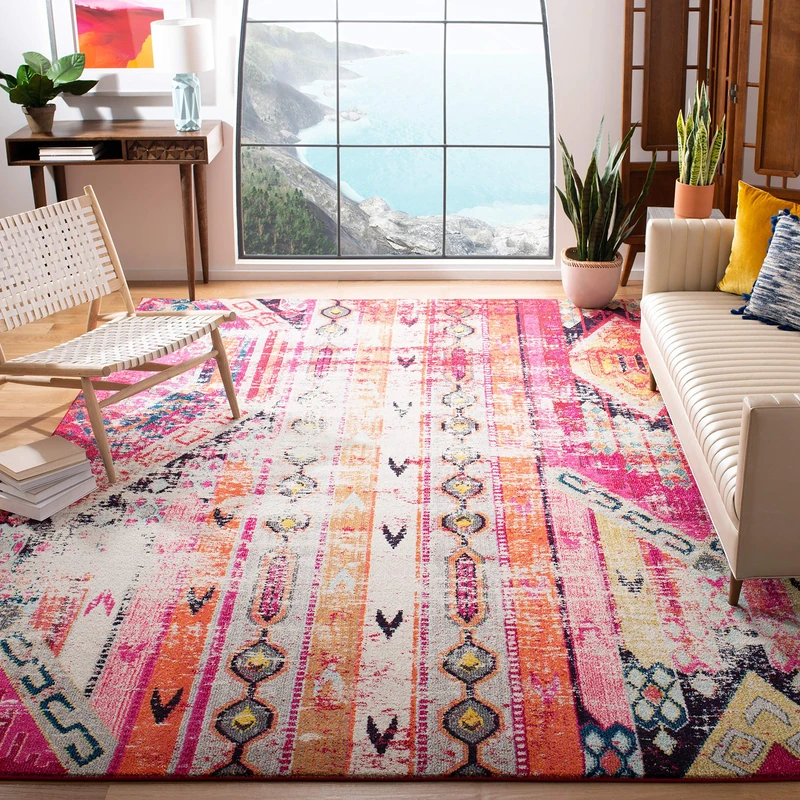 SAFAVIEH Boho Rug for Living Room, Dining Room, Bedroom - Monaco Collection, Short Pile, in Magenta and Multi, 200 x 200 cm