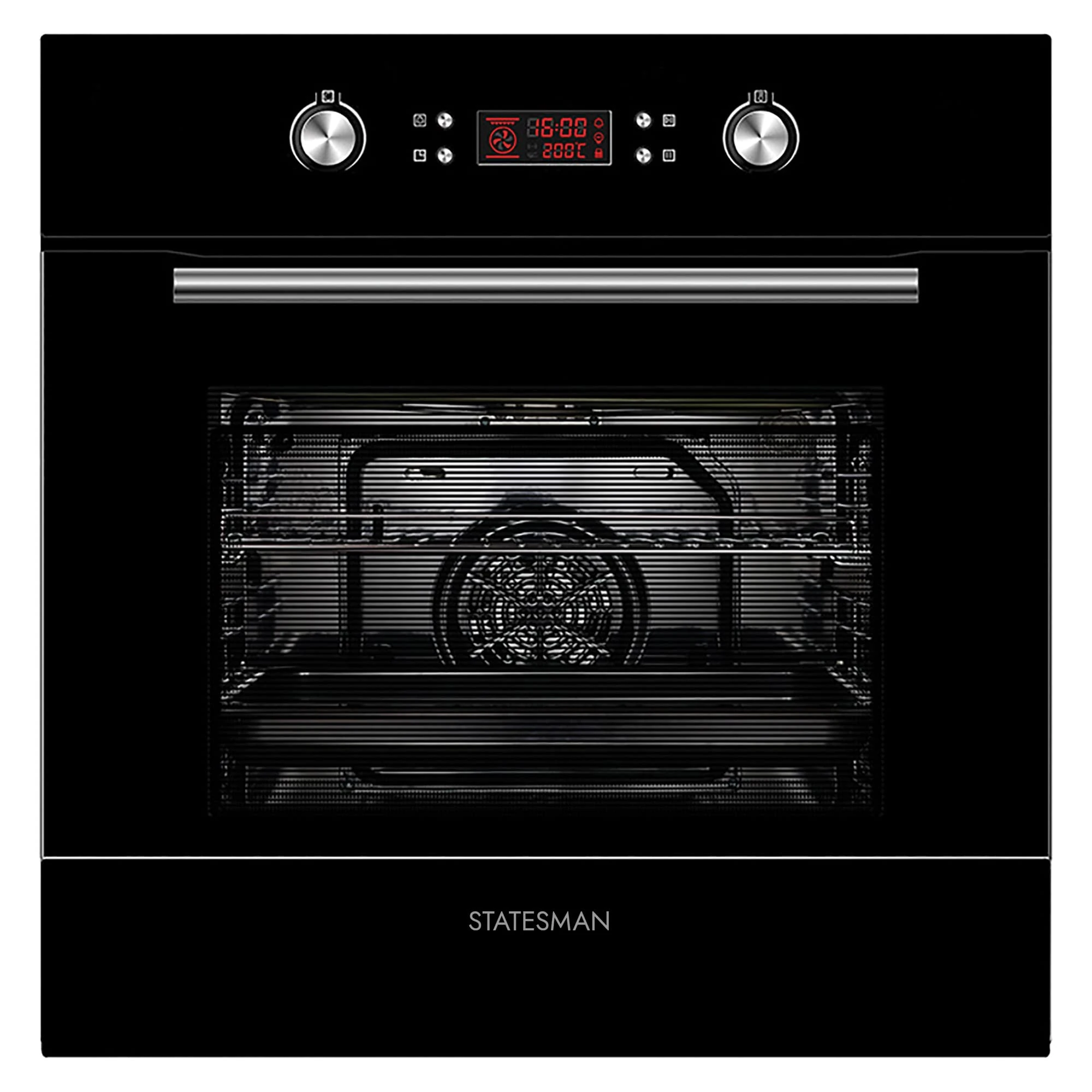 Statesman BSM60BL Built-In Multifunction Oven, 8 Cooking Functions, LED Display, 2 Oven Shelves, 1 Universal Pan, Removable Door, Easy Clean Enamel Interior, Black