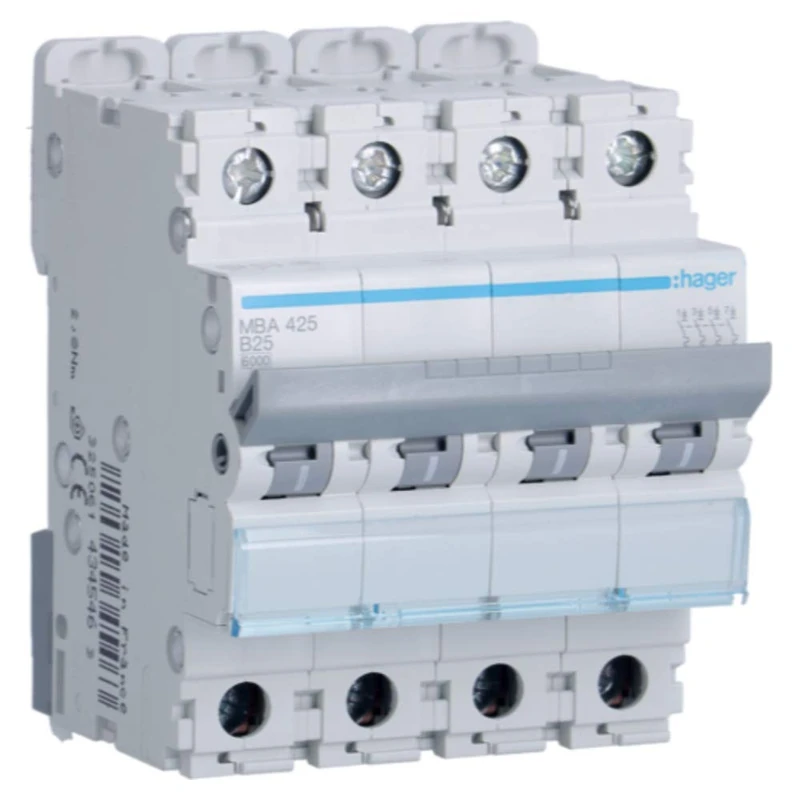 Hager M Series - Automatic Magnetic Thermal -M Curve-B 6ka 4 Poles 25a