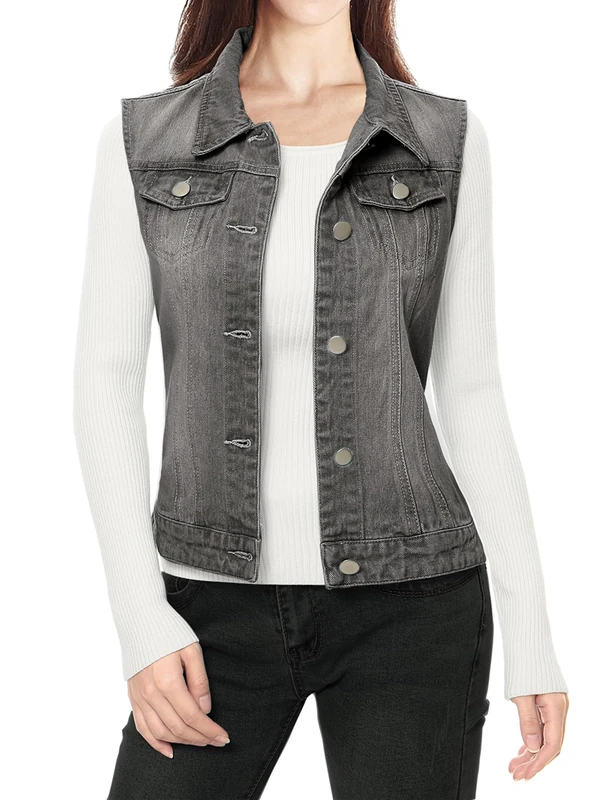 Allegra K Women's Buttoned Washed Denim Vest Jacket W Chest Flap Pockets Gray XL