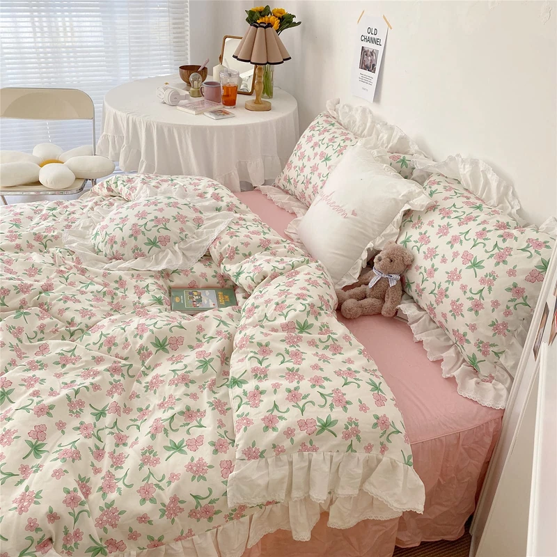 VM VOUGEMARKET Girls Lace Bedding Set Twin 3 Pieces Pink Flower Duvet Cover Set with Ruffle Edge-100% Cotton Elegant Princess Style-Twin,Pink