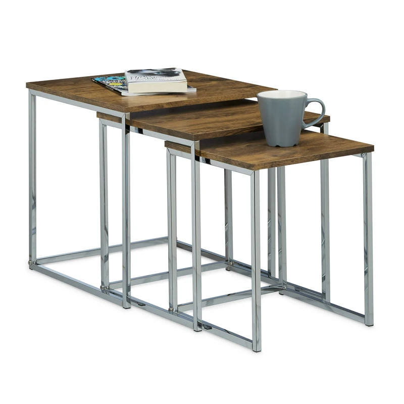 Relaxdays Set of 3 Nesting Tables, Size: 42 x 40 x 40 cm Coffee Tables, Wood and Metal, Brown