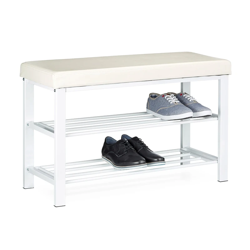 Relaxdays Shoe Bench, 49 x 81 x 32 cm Open Shoe Shelves, Padded Seat w/ Faux Leather Cover, for 6-8 Pairs, Backless, White