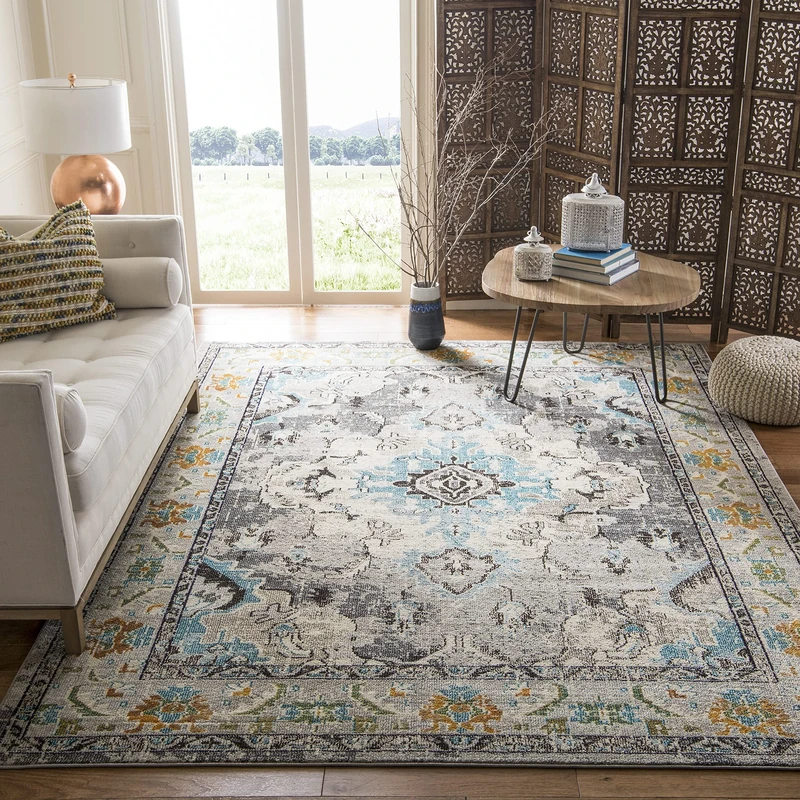 Safavieh Boho Rug for Living Room, Dining Room, Bedroom - Monaco Collection, Short Pile, in Grey and Light Blue, 240 x 300 cm
