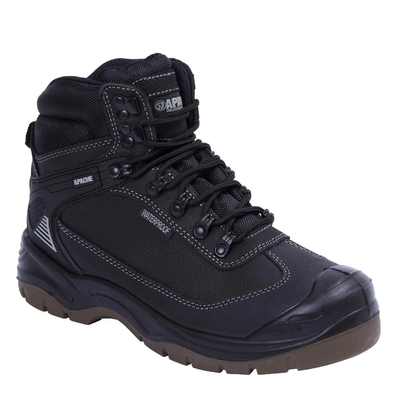 Apache Men's Ranger Safety Hiking Boot | Black Size 9 UK | Premium Leather Work Shoe | Waterproof and Durable | Steel Toe Cap and Midsole Protection
