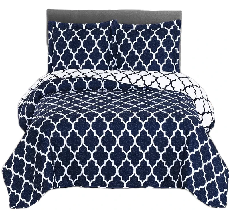 Meridian- Navy with White- King/Cal king Size, Over-Sized Quilt 3pc set, Luxury Microfiber Printed Coverlet by sheetsnthings