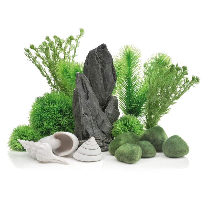 biOrb Decor Set, Stone Garden Theme Grey Slate Sculpture, Plant & Sea Shell Ornaments for 30 L+ Aquariums, Easy-Insert Decoration Compatible with Fresh & Saltwater Tanks, Fish Tank Decorations, Green