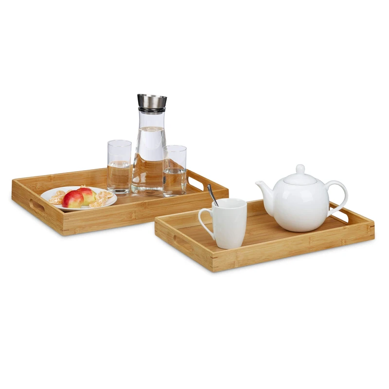 Relaxdays Bamboo Serving Tray Set of 2, Raised Edges, Handle Cut-Outs, 45 and 42 cm Long, Natural