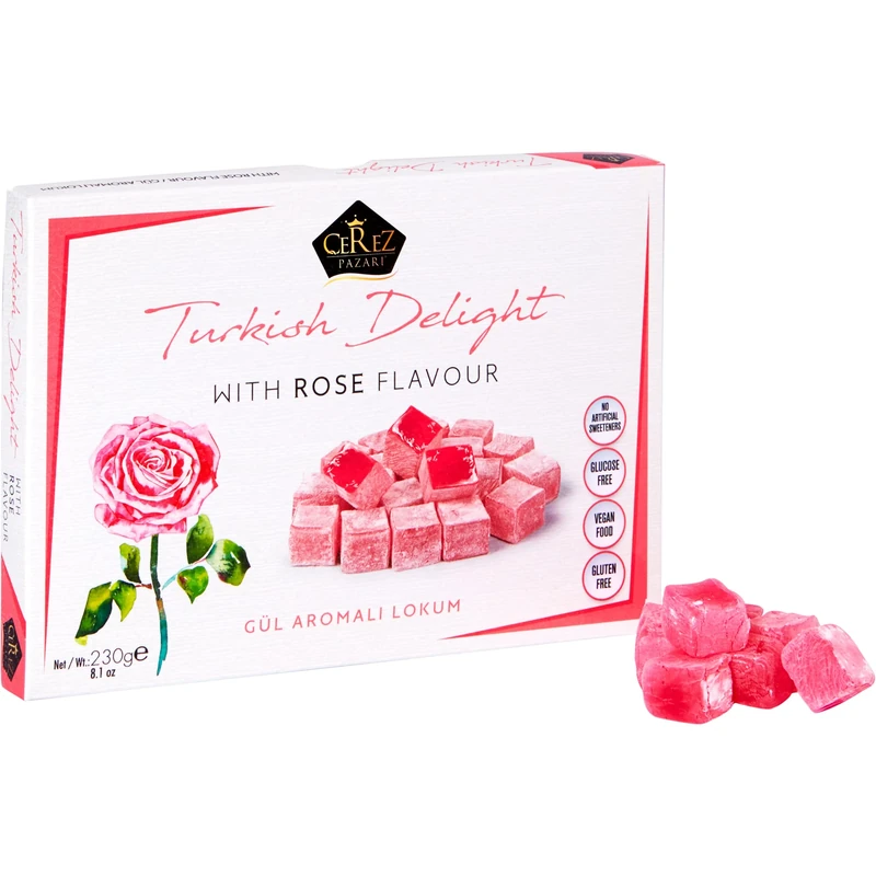 Cerez Pazari Turkish Delight with Rose Flavour 230g Gourmet Small Size Snacks Gift Box, No Nuts Sweet Traditional Vegan Soft Candy Dessert