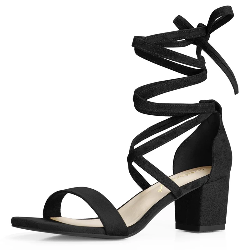 Allegra K Women's Open Toe Lace Up Mid Chunky Heeled Sandal Black/Faux Suede 7.5 UK
