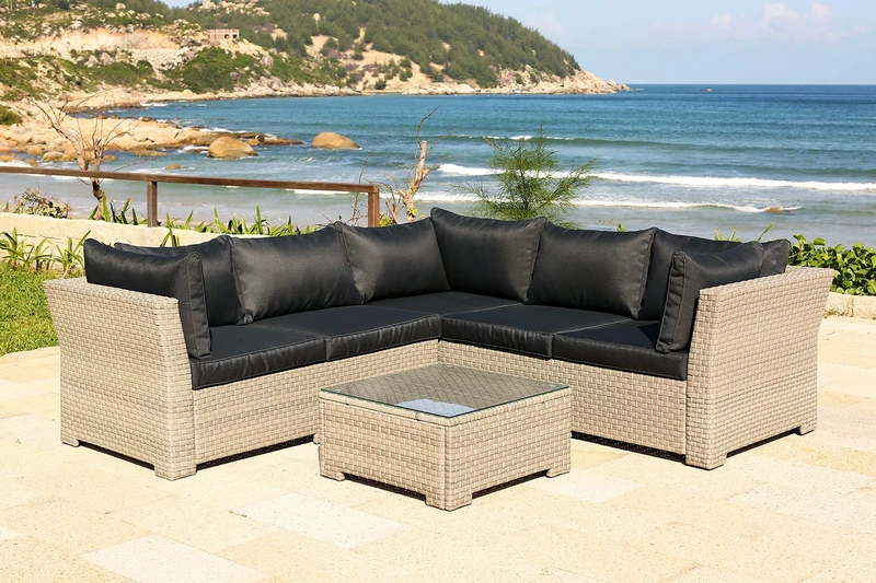 Backyard Furniture Chesterton Luxury 5 Seater Deepseating Rattan Garden Lounge Set with Cushions, Black, 230 x 146 x 67 cm *UPDATED fabric*, Black