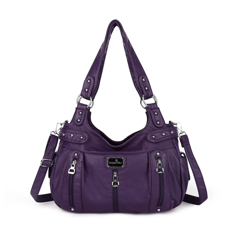Angel Kiss Large Purses and Handbags for Women Washed Faux Leather Crossbody Hobo Satchel Shoulder Handbag Tote Purse, Purple, L