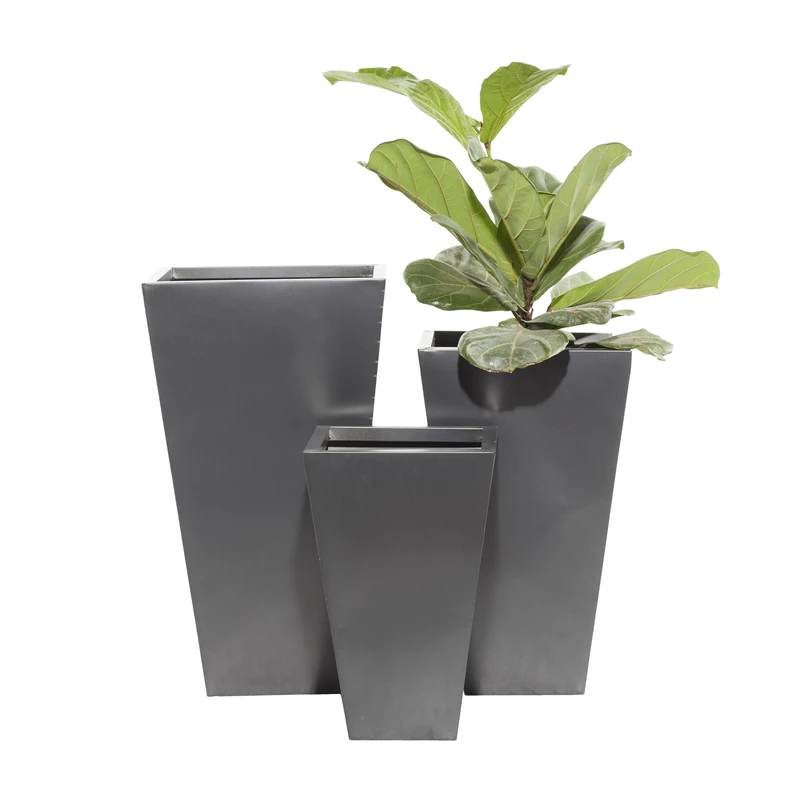 Deco 79 Light Weight Minimalistic Large Pot with Tapered Base, Iron, Dark Gray, Set of 3 Planters 17", 21", 25" H