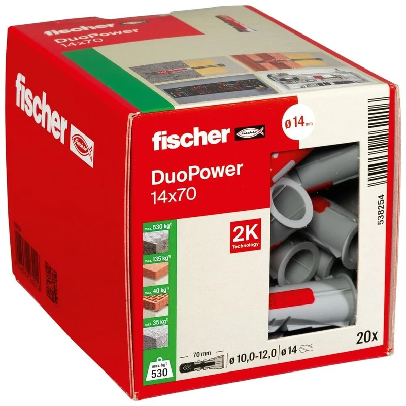 fischer DuoPower 14 x 70, powerful universal plug with intelligent 2-component technology for fastenings in concrete, bricks, gypsum plasterboard, chipboard, etc., 20 plugs without screws