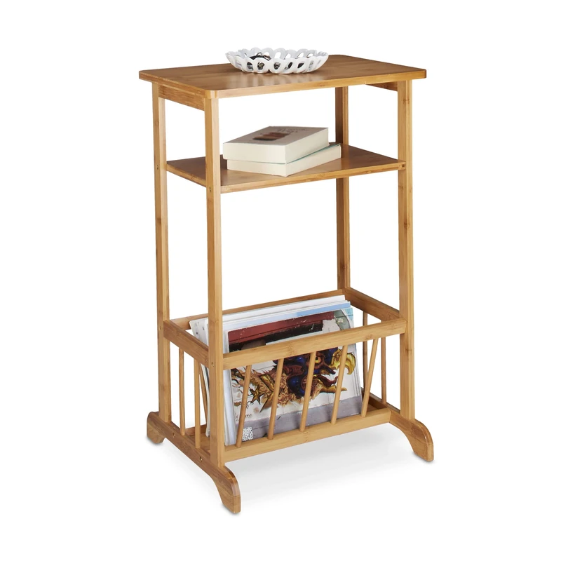 Relaxdays Side Table with Newspaper Basket, Bamboo, Robust, 2 Shelves, HxWxD: 71.5 x 44.5 x 37 cm, Natural Brown