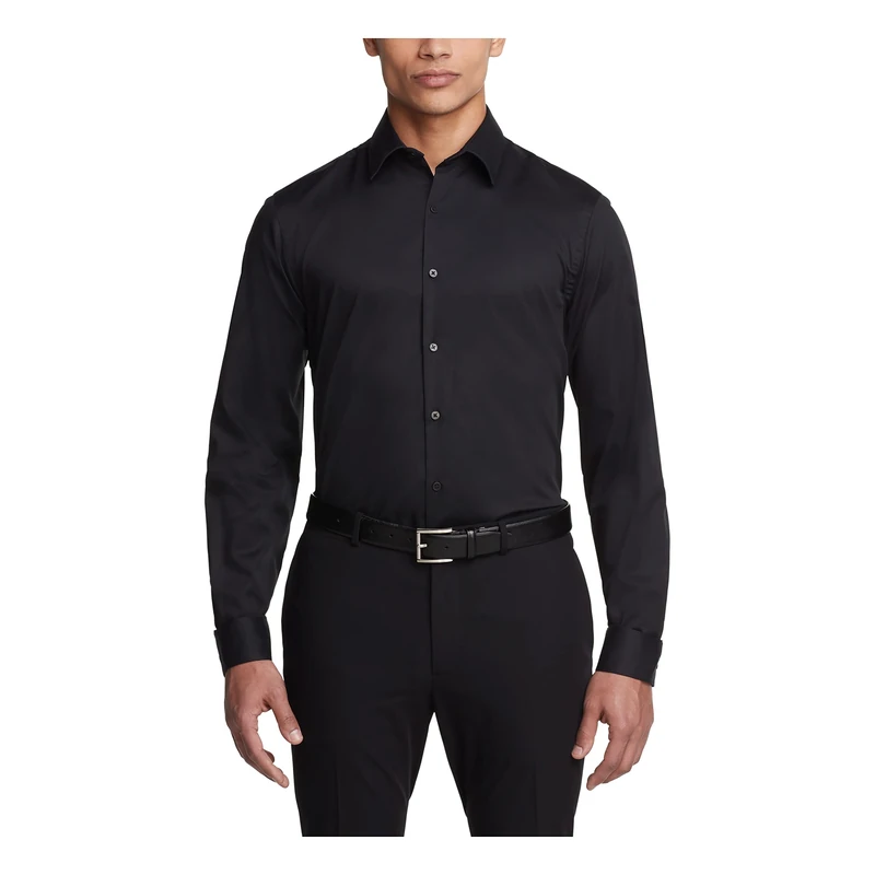 Van Heusen Men's Dress Shirt Slim Fit Flex Collar Stretch Solid, Black, 17" Neck 32"-33" Sleeve