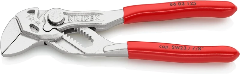 KNIPEX Mini Pliers Wrench Pliers and a Wrench in a Single Tool Self-Service Card Chrome-Plated with Plastic Coating 125 mm, 86 03 125 SB