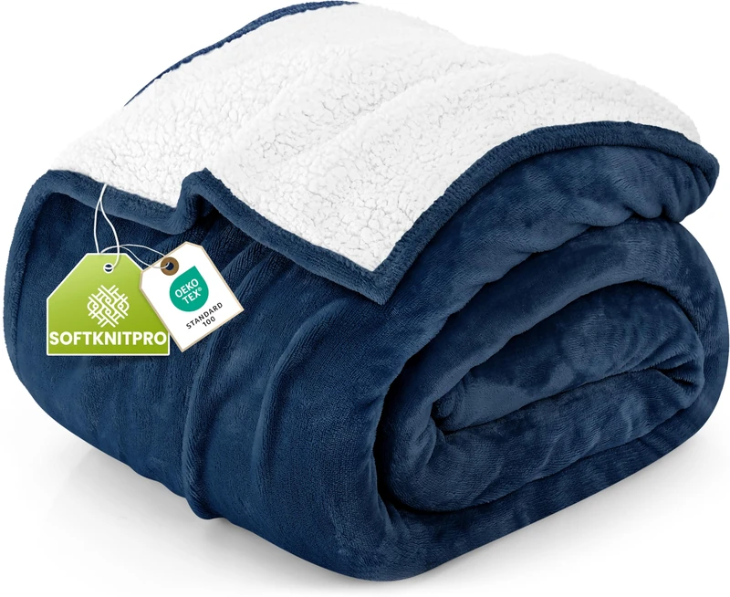 Utopia Bedding Sherpa Blanket Queen Size [Navy, 90x90 Inches] - 480GSM Thick Warm Plush Fleece Reversible Blanket for Bed, Sofa, Couch, Camping and Travel