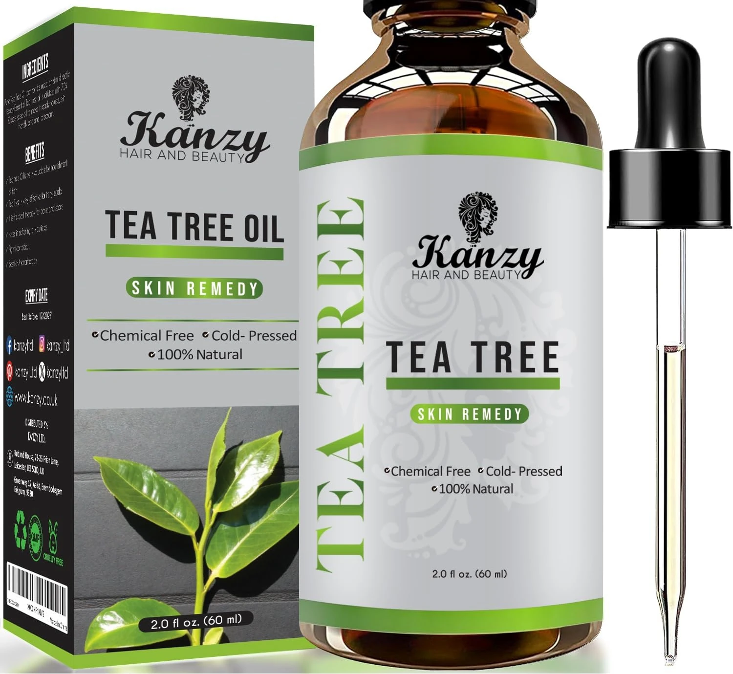Kanzy Tea Tree Oil, Skin Remedy 60ml - Treatment for Hair, Face & Nails Natural Vegan Organic Tea Tree Oil